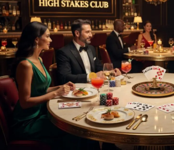Luxurious dining room with dark timber, marble accents and soft lighting, set for an elegant casino-themed dinner.
