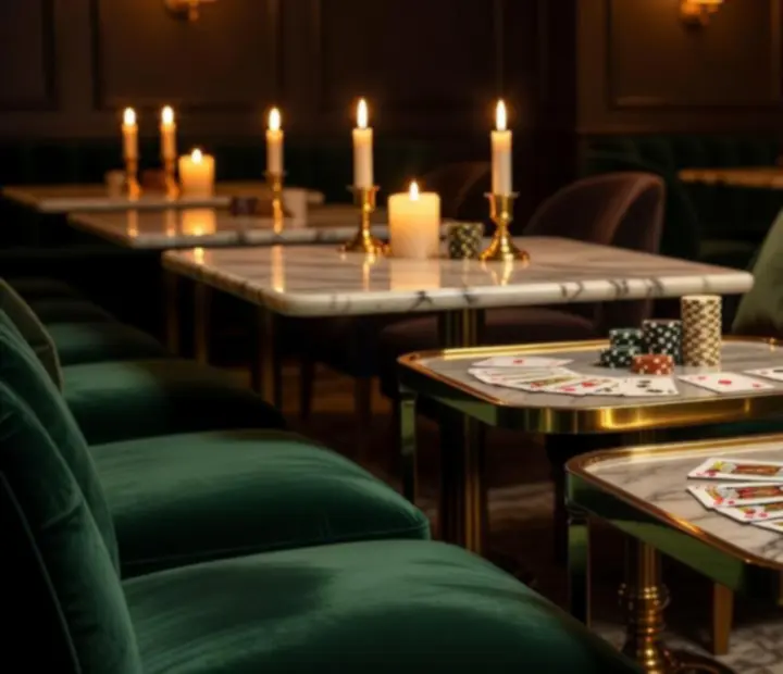 Cinematic casino-inspired atmosphere at Wonderstar s. r. o. with emerald velvet, gold detailing and amber lighting