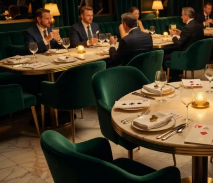 Emerald velvet dining room with elegant poker-inspired table setting at Wonderstar s. r. o.