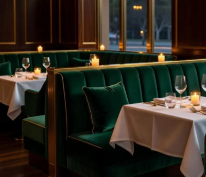 Emerald green velvet seating and intimate tables inside Wonderstar s. r. o.