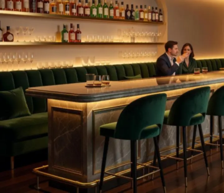 Gold and brass-accented lounge bar at Wonderstar s. r. o. with velvet seating and moody lighting.