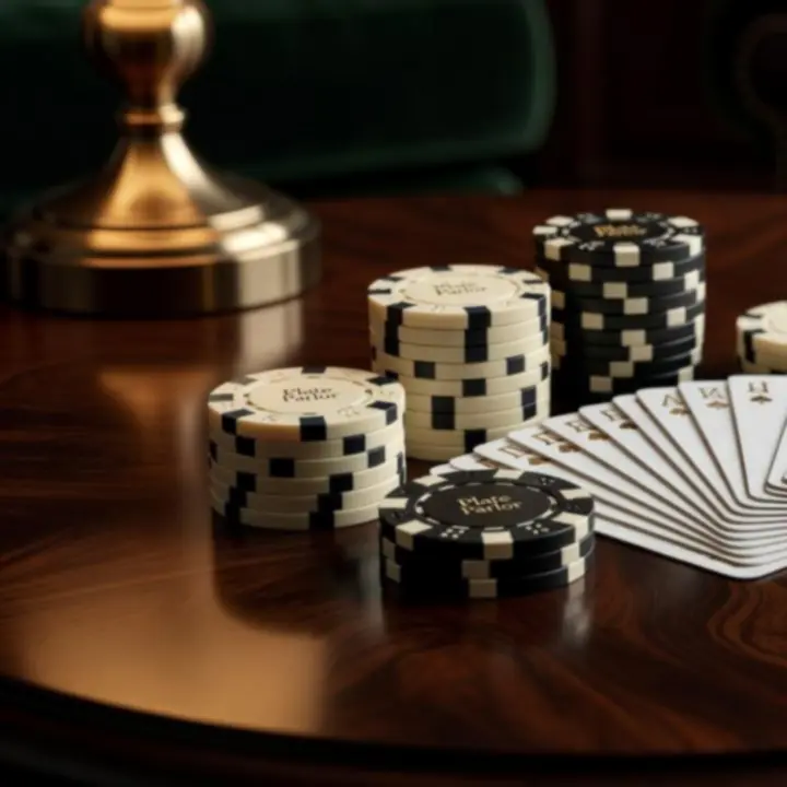 Elegant gaming chips arranged beside playing cards on a dark timber table