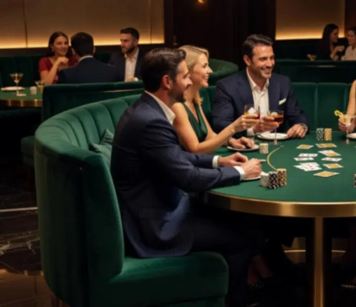 Evening scene at Wonderstar s. r. o. with green velvet interiors, gold accents and guests enjoying cocktails and dinner