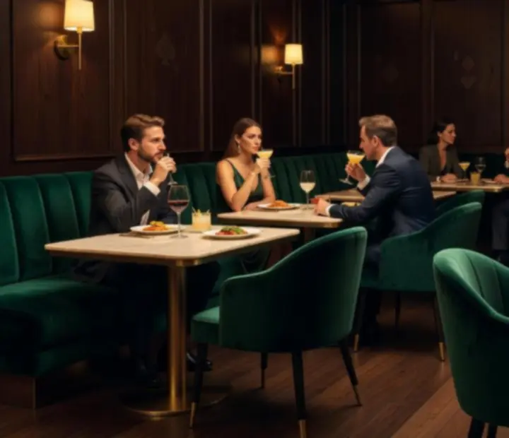 Cinematic view of Wonderstar s. r. o.'s dining room with emerald velvet seating and softly lit tables