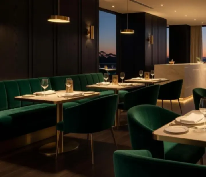 Cinematic view of Wonderstar s. r. o. with emerald velvet seating, candlelit tables and cocktails