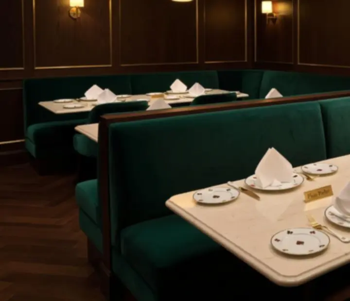 Emerald velvet seating, gold detailing and warm lighting at Wonderstar s. r. o.