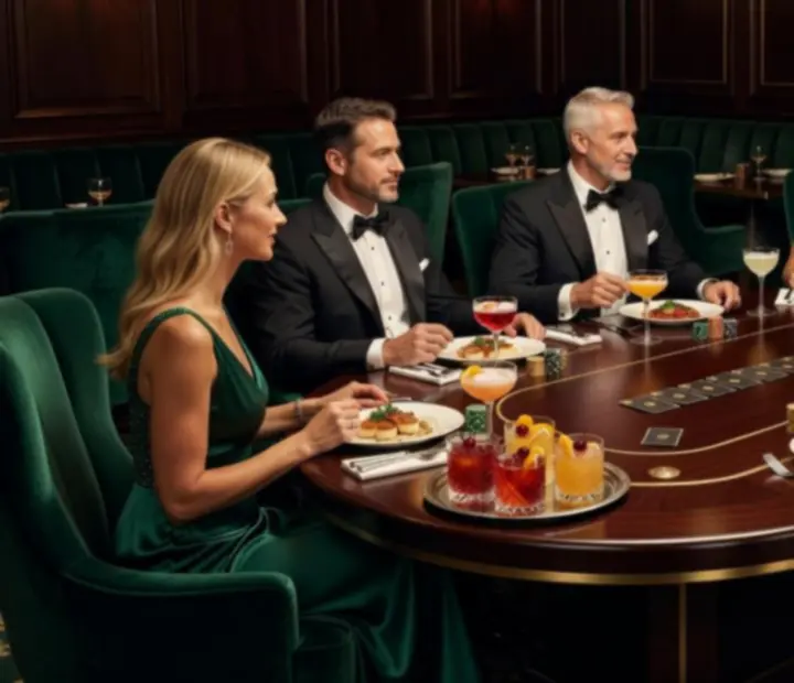 Elegant poker table at Wonderstar s. r. o. with playing cards, chips and cocktails under warm amber lighting