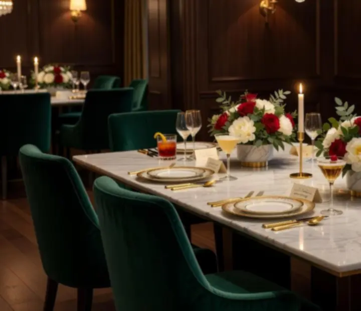 Private dining table at Wonderstar s. r. o. set with candles, cocktails and card-inspired dÃ©cor