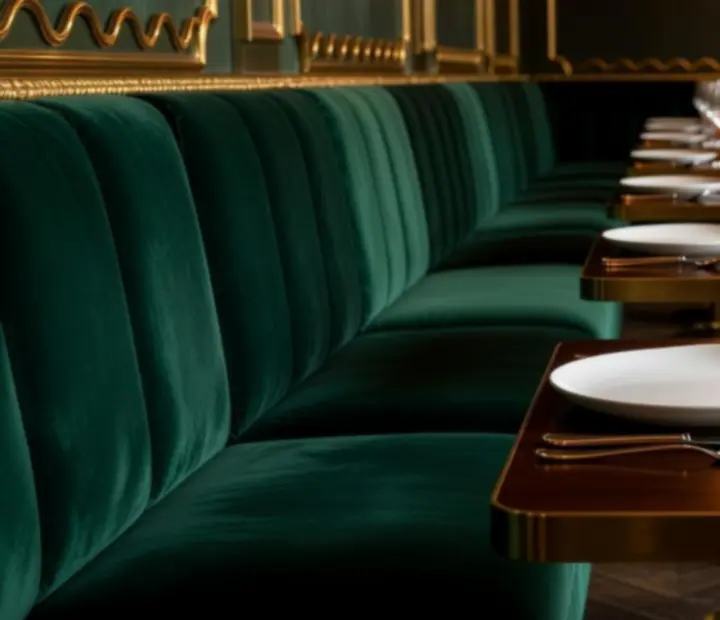 Emerald velvet seating and gold detailing inside Wonderstar s. r. o.