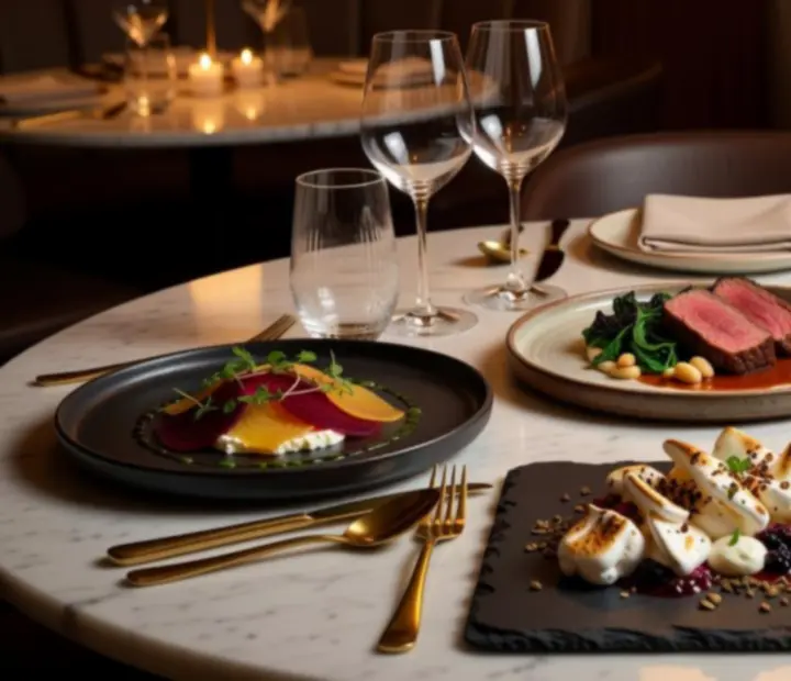 Selection of refined signature dishes plated on marble with warm golden light