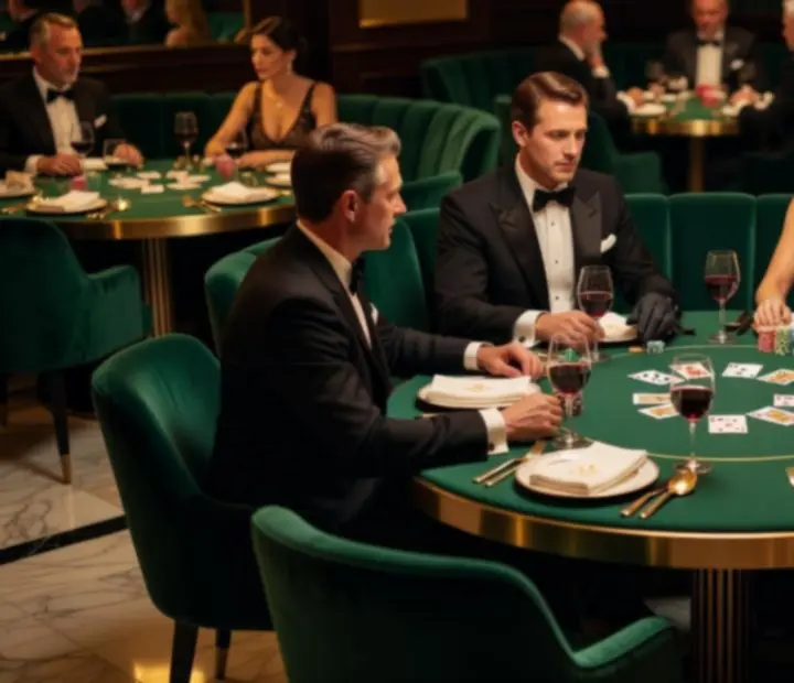 Cinematic restaurant scene with green velvet seating, elegant table settings and a refined poker table at Wonderstar s. r. o..