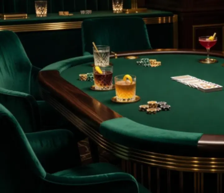 Elegant poker table with emerald velvet seating, cards and chips arranged beside refined table settings.