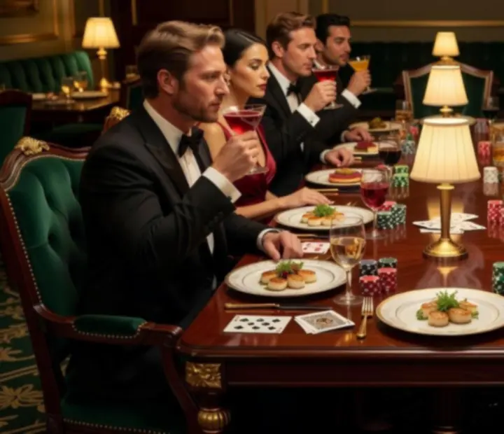 Poker-themed evening table at Wonderstar s. r. o. with cards, chips and cocktails alongside refined table settings.
