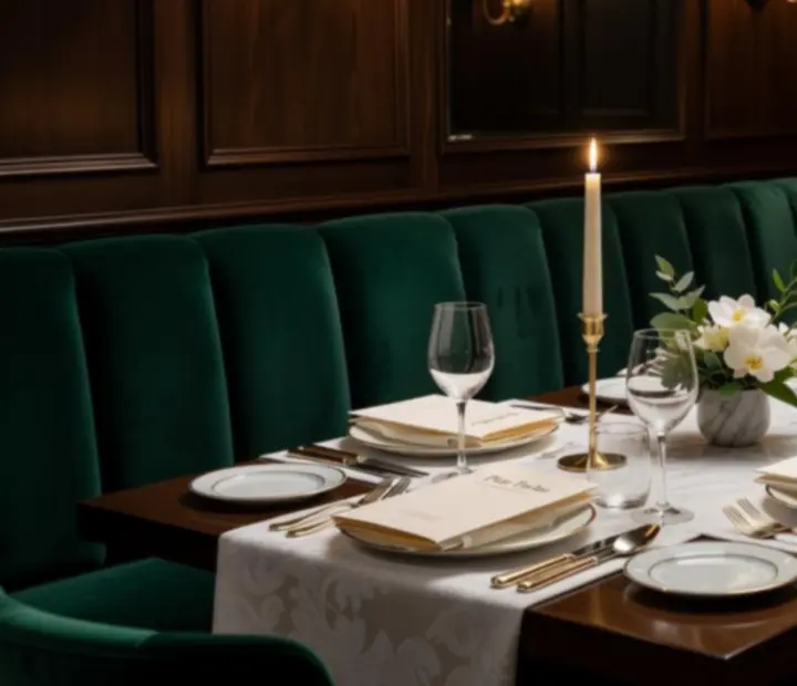 Private corporate event space at Wonderstar s. r. o. with emerald seating, gold accents and set tables.