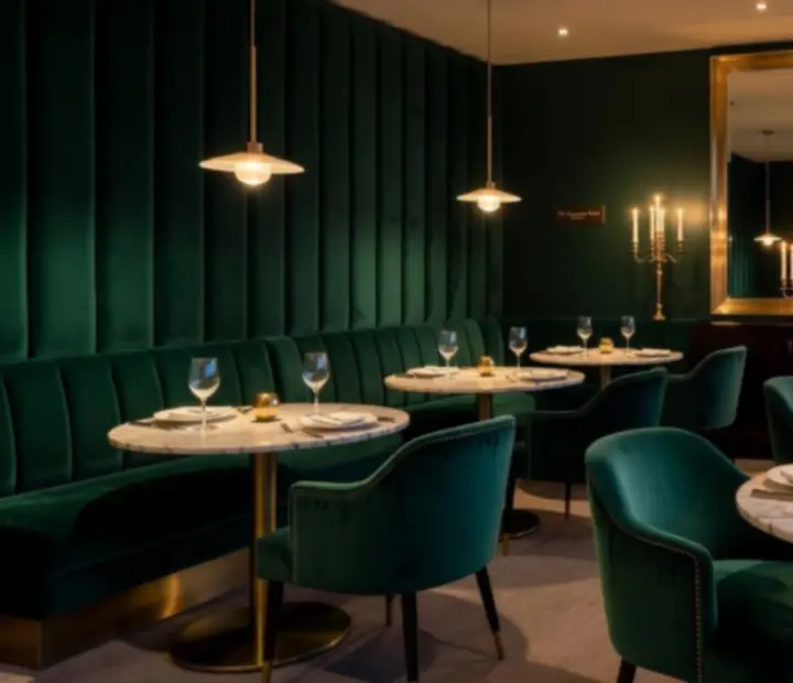 Private dining alcove with emerald velvet seating and candlelit table at Wonderstar s. r. o.