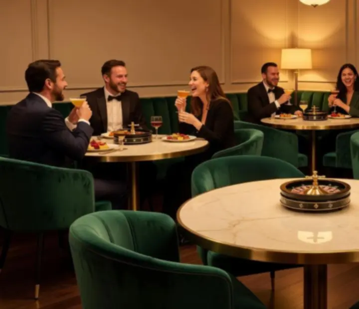 Roulette-inspired dining room at Wonderstar s. r. o. with emerald velvet seating and warm brass detailing