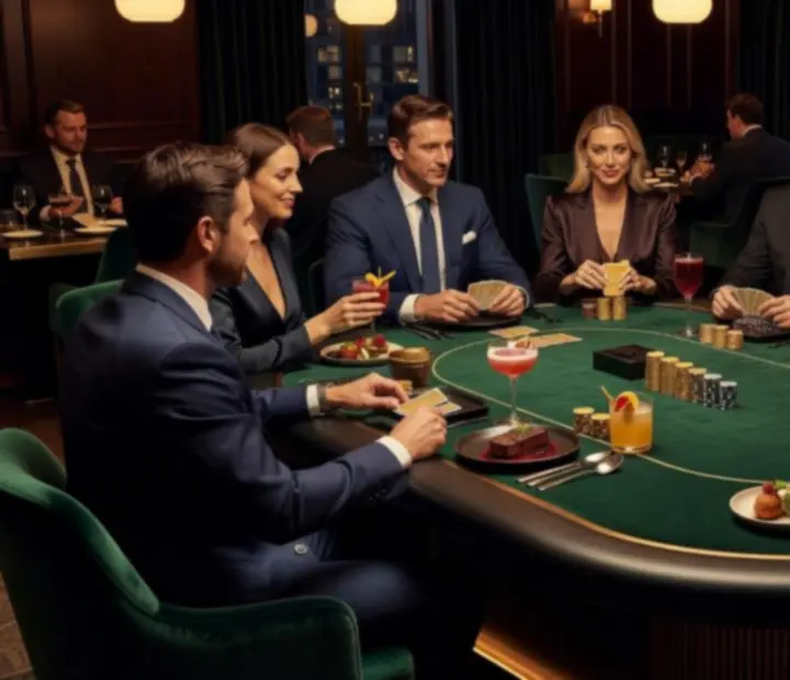 Velvet poker table at Wonderstar s. r. o. with cards, chips and cocktails in warm amber light.